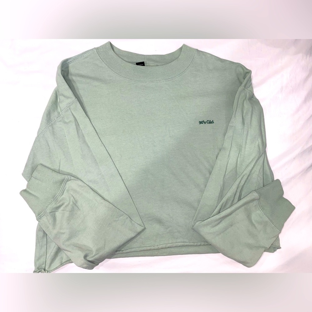 Cropped jade/sage long sleeve “90’s Girl” embroidery